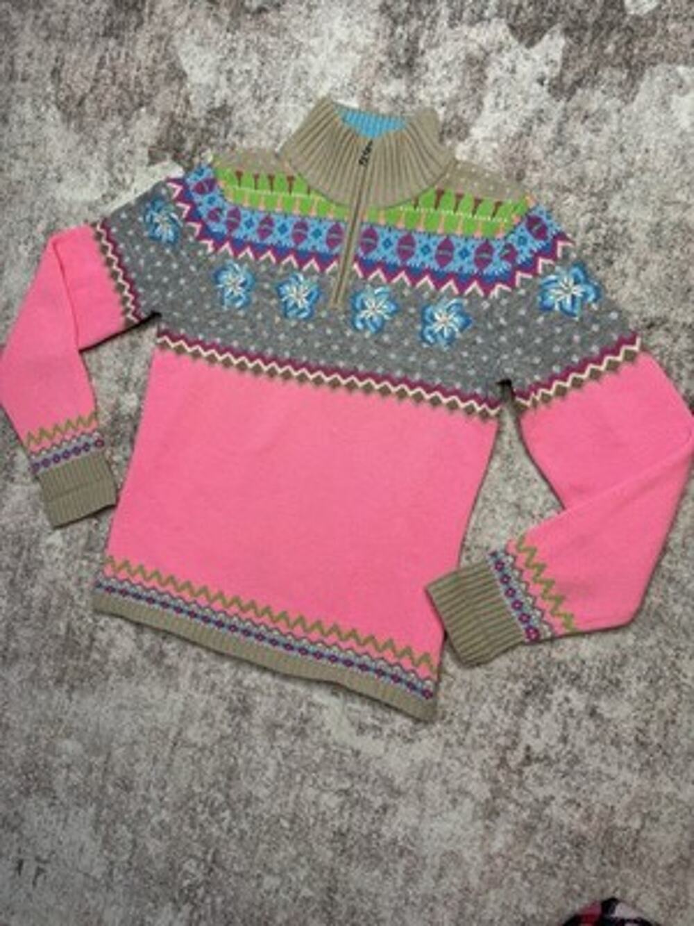 Bogner Vintage Wool Cashmere Fair Isle Ski Sweater Women’s Quarter Zip Pink M